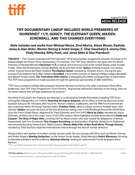 Media Release . Tiff Documentary Lineup