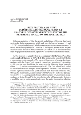 „…With Priscilla His Wife”. QUINTUS in MARTYRIUM POLYCARPI 4, 1 AS a TYPUS of MONTANUS in the LIGHT of the REFERENCE to ACTS of the APOSTLES 18, 2