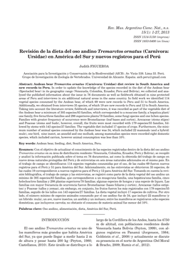 Revisión De La Dieta Del Oso Andino Tremarctos Ornatus (Carnivora: Ursidae) En América Del Sur Y Nuevos Registros Para El Perú