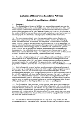 Evaluation of Research and Academic Activities Optical/Infrared Division