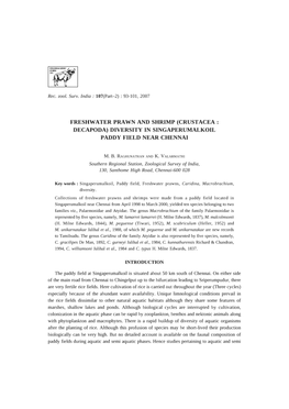 Freshwater Prawn and Shrimp (Crustacea: Decapoda) Diversity in Singaperumalkoil Paddy Field Near Chennai