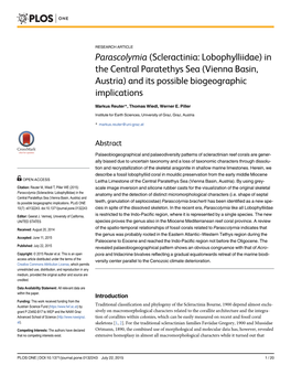 Parascolymia (Scleractinia: Lobophylliidae) in the Central Paratethys Sea (Vienna Basin, Austria) and Its Possible Biogeographic Implications