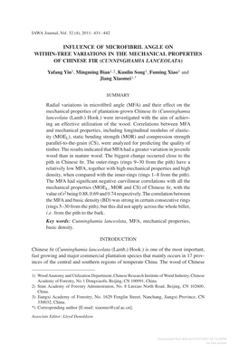 Influence of Microfibril Angle on Within-Tree Variations in the Mechanical Properties of Chinese Fir (Cunninghamia Lanceolata)