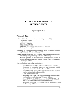 Curriculum Vitae of Giorgio Picci