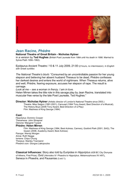 Jean Racine, Phèdre National Theatre of Great Britain - Nicholas Hytner in a Version by Ted Hughes (British Poet Laureate from 1984 Until His Death in 1998