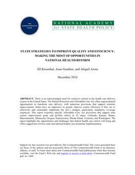 State Strategies to Improve Quality and Efficiency: Making the Most of Opportunities in National Health Reform