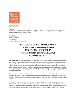 Bestselling Writer and Humorist David Sedaris Brings Laughter and Unparalleled Wit to Kimmel Center Cultural Campus October 16, 2017