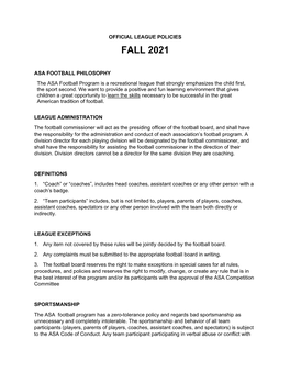 ASA FOOTBALL PHILOSOPHY the ASA Football Program Is a Recreational League That Strongly Emphasizes the Child First, the Sport Second