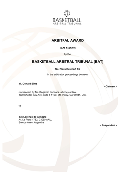 Arbitral Award Basketball Arbitral Tribunal (Bat)