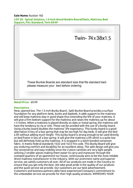 Auction 182 LOT 20 - Spinal Solution, 1.5-Inch Wood Bunkie Board/Slats, Mattress Bed Support, Fits Standard, Twin 69.99