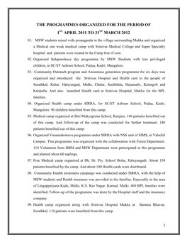 The Programmes Organized for the Period of 1 April