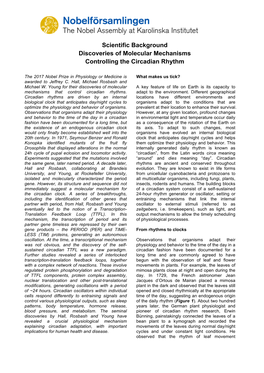 Scientific Background Discoveries of Molecular Mechanisms Controlling the Circadian Rhythm