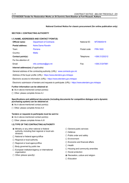 1 / 7 CONTRACT NOTICE - BELOW TRESHOLD - EN CT2165/2020 Tender for Restoration Works on St Dominic Demi-Bastion at Fort Ricasoli, Kalkara