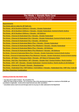 The Hindu + Eenadu Rate Card Advertising Rates, Effective 1St June 2016 All Rates in Rs