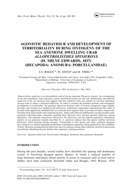Agonistic Behaviour and Development of Territoriality During Ontogeny of the Sea Anemone Dwelling Crab Allopetrolisthes Spinifrons (H