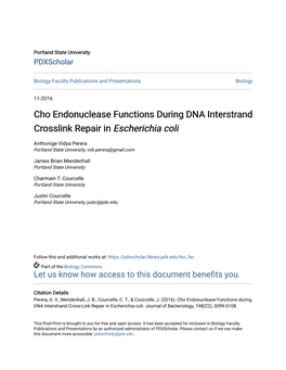 Cho Endonuclease Functions During DNA Interstrand Crosslink Repair in Escherichia Coli