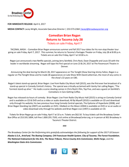 Comedian Brian Regan Returns to Tacoma July 28 Tickets on Sale Friday, April 7
