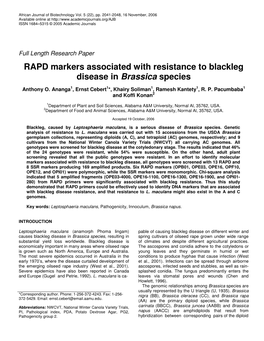 RAPD Markers Associated with Resistance to Blackleg Disease in Brassica Species