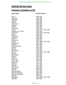 Suffolk Burial Index Parishes Available on CD