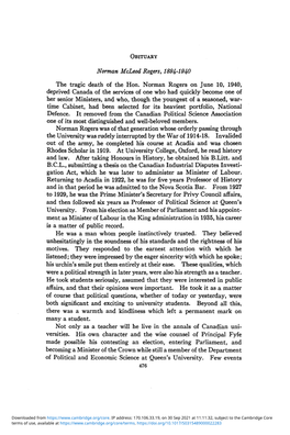 Norman Mcleod Rogers, 1894-1940 the Tragic Death of the Hon. Norman Rogers on June 10, 1940, Deprived Canada of the Services Of