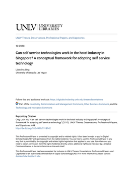 Can Self Service Technologies Work in the Hotel Industry in Singapore? a Conceptual Framework for Adopting Self Service Technology