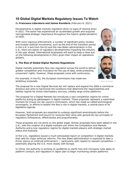 10 Global Digital Markets Regulatory Issues to Watch by Francesco Liberatore and James Konidaris (February 8, 2021)