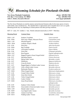 Blooming Schedule for Pinelands Orchids