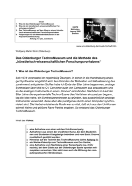 Das Oldenburger Technomuseum Und Die Methode Des „Künstlerisch-Wissenschaftlichen Forschungsvorhabens“