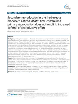 Lobelia Inflata: Time-Constrained Primary Reproduction Does Not Result in Increased Deferral of Reproductive Effort Patrick William Hughes* and Andrew M Simons