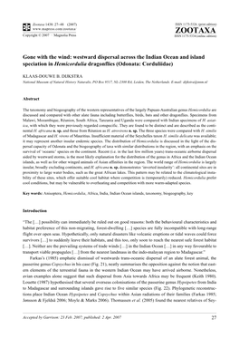 Zootaxa, Gone with the Wind: Westward Dispersal Across The