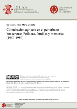 Colonización Agrícola En El Periurbano Bonaerense. Políticas, Familias Y Memorias (1950-1980)