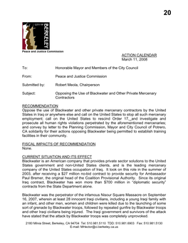 ACTION CALENDAR March 11, 2008 To: Honorable Mayor and Members of the City Council From: Peace and Justice Commission Submitte