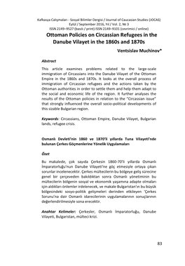 Ottoman Policies on Circassian Refugees in the Danube Vilayet in the 1860S and 1870S Ventsislav Muchinov*