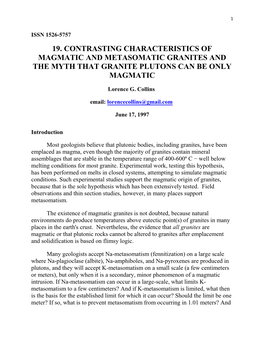 19. Contrasting Characteristics of Magmatic and Metasomatic Granites and the Myth That Granite Plutons Can Be Only Magmatic