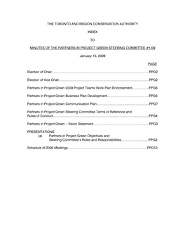 THE TORONTO and REGION CONSERVATION AUTHORITY INDEX to MINUTES of the PARTNERS in PROJECT GREEN STEERING COMMITTEE #1/09 January