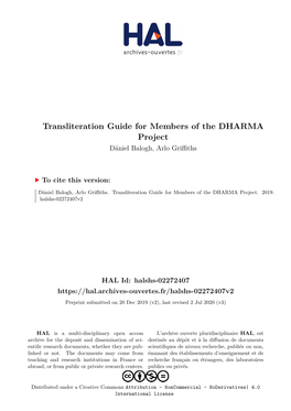 Transliteration Guide for Members of the DHARMA Project Dániel Balogh, Arlo Griﬀiths