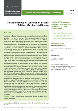 Further Evidence for Cancer As a Cell-Wall-Deficient Mycobacterial