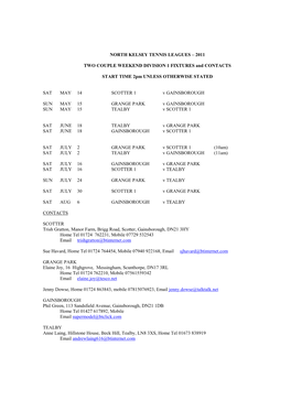 2011 TWO COUPLE WEEKEND DIVISION 1 FIXTURES And
