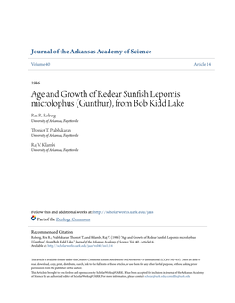 Age and Growth of Redear Sunfish Lepomis Microlophus (Gunthur), from Bob Kidd Lake Rex R