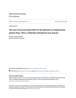 The Use of Environmental DNA for the Detection of Palaemonias Ganteri (Hay, 1901), a Federally Endangered Cave Species