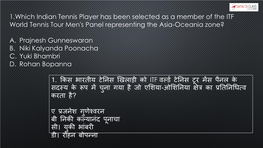 1.Which Indian Tennis Player Has Been Selected As a Member of the ITF World Tennis Tour Men's Panel Representing the Asia-Oceania Zone?