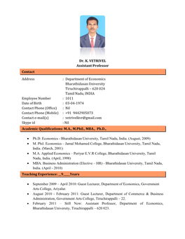 Dr. K. VETRIVEL Assistant Professor Contact Address