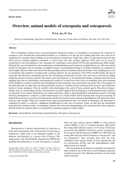 Overview: Animal Models of Osteopenia and Osteoporosis