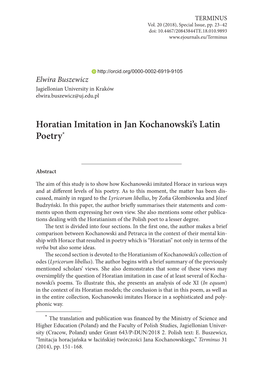 Horatian Imitation in Jan Kochanowski's Latin Poetry*