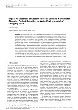 Impact Assessment of Eastern Route of South-To-North Water Diversion Project Operation on Water Environmental of Dongping Lake