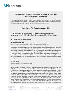 Nominations for Membership in the Board of Directors of Arab Banking Corporation