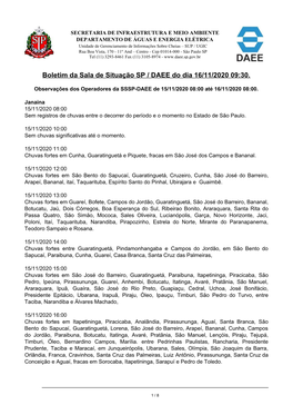 Boletim Da Sala De Situação SP / DAEE Do Dia 16/11/2020 09:30