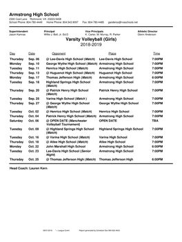 Armstrong High School Varsity Volleyball (Girls) 2018-2019