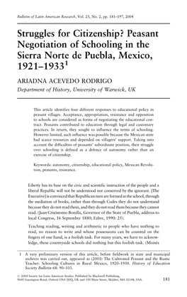 Peasant Negotiation of Schooling in the Sierra Norte De Puebla, Mexico, 1921–19331