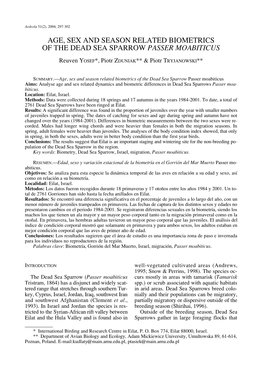 Age, Sex and Season Related Biometrics of the Dead Sea Sparrow Passer Moabiticus